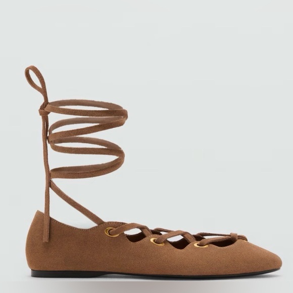 Brown Lace-Up Ballet Flats SUEDE BALLET FLATS WITH CROSSED STRAPS Mango - Picture 1 of 2